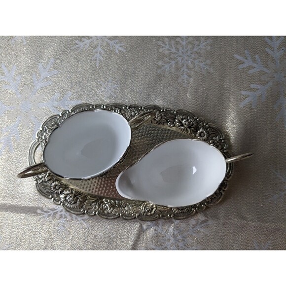 Silverplate Embossed Floral Vtg Sugar Bowl Creamer w Tray White Porcelain Rare - Picture 16 of 16